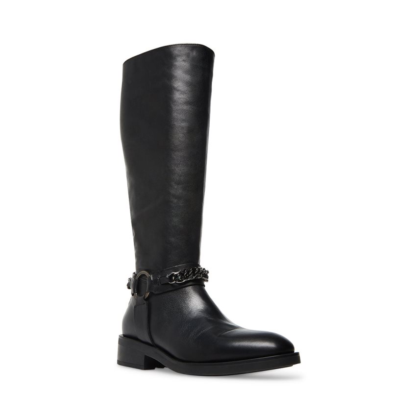 Black Steve Madden Quin Leather Women's High Boots | PH 8769AMW